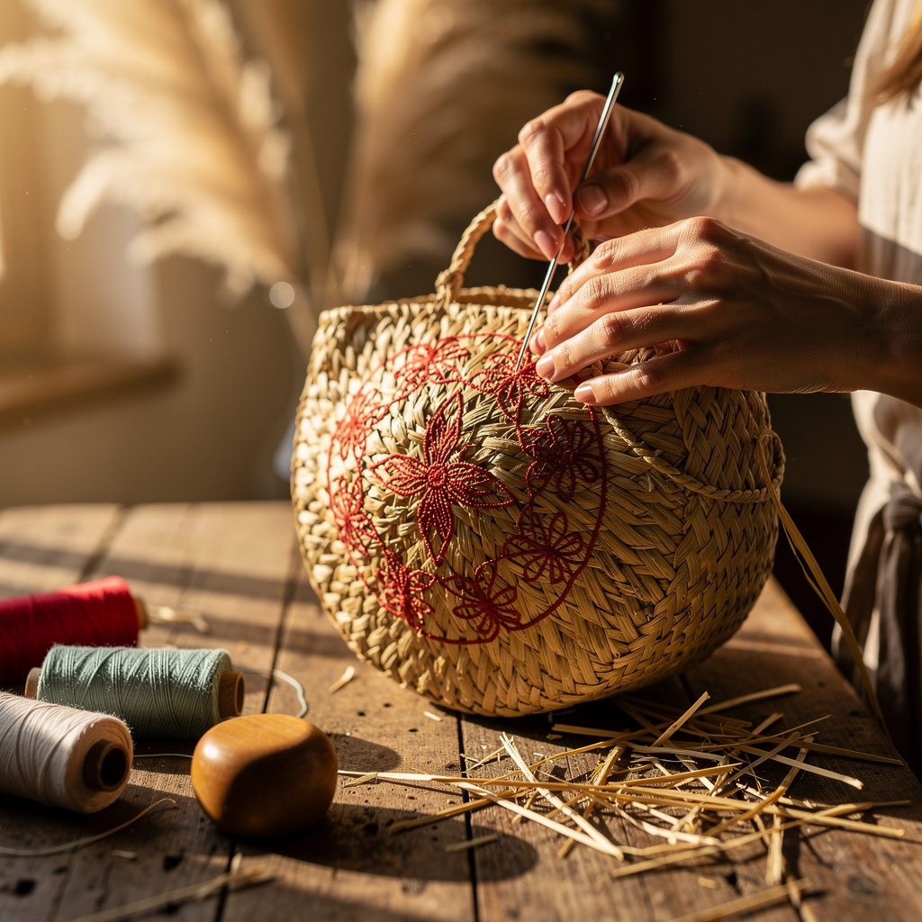 Elaboración de bolsos de paja bordados